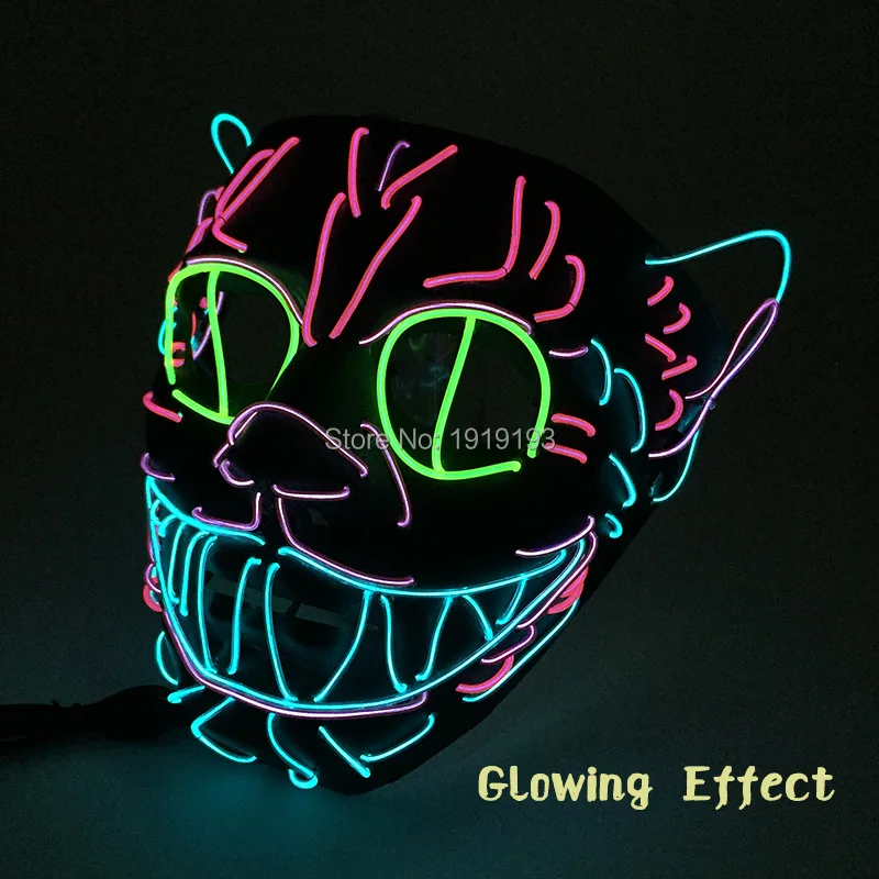 Stage Style Drama Performance Decor Neon Led Strip Masquerade Animal Cat Mask Cold Light Rave Night Club Mask with Inverter