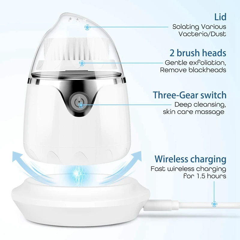 Очищающая щетка для лица, Ipx6 Водонепроницаемая беспроводная зарядная щетка для чистки лица, с 3 режимами и 2 щеточными головками для