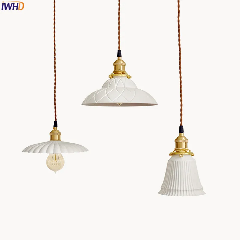 Us 47 73 45 Off Iwhd White Ceramic Brass Pendant Lights Fixtures Restaurant Bedroom Bedside Nordic Japanese Style Hanging Lamp Led Hanglampen In