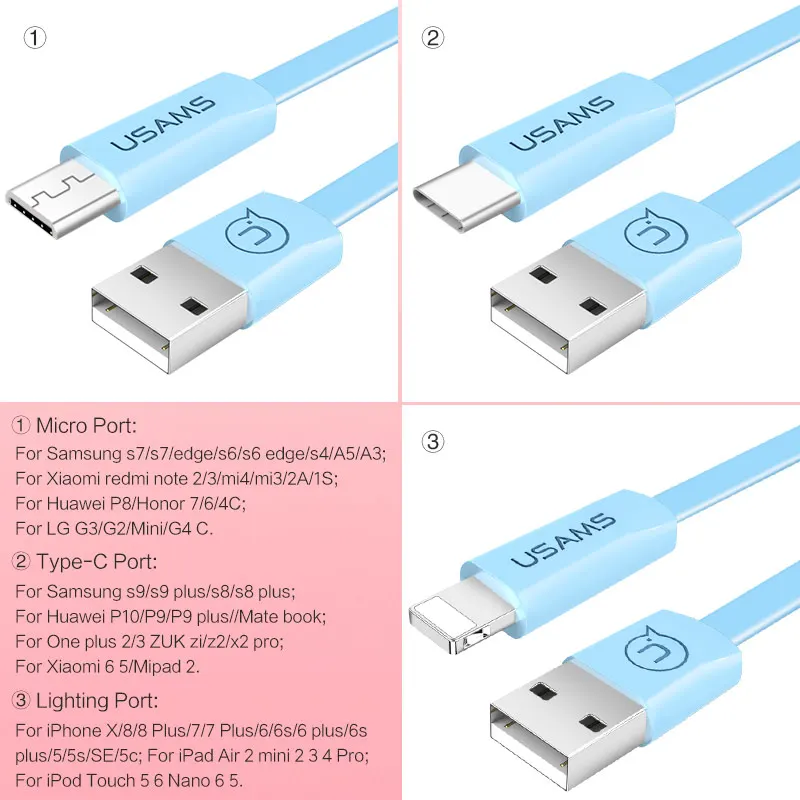 Кабель Micro USB для зарядки и передачи данных iPhone кабель USAMS Type C X 8 7 plus11 Lighting 2A