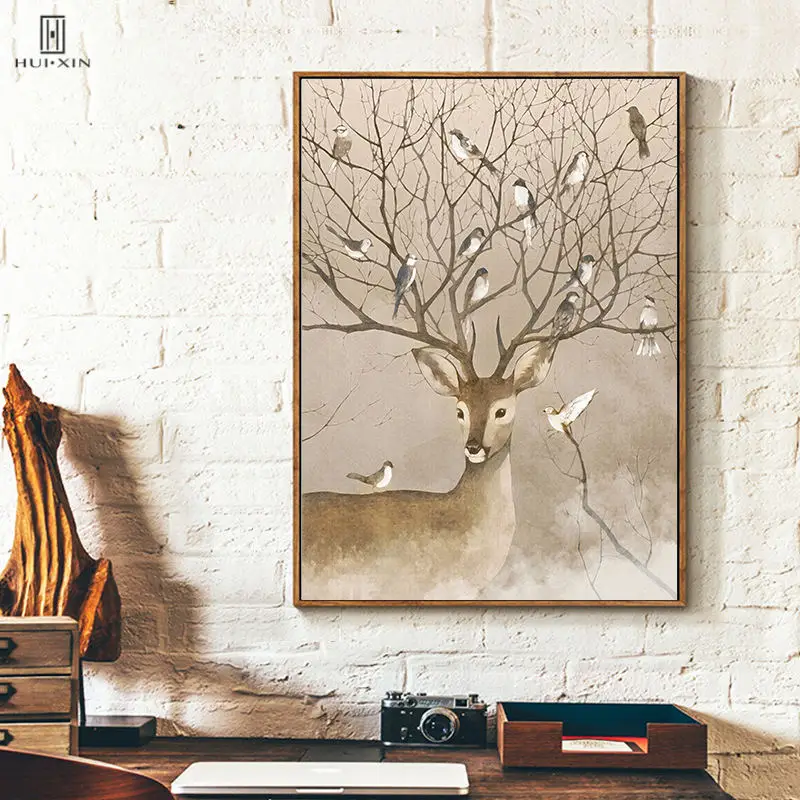 

Modern True-Life Natural Animal Deer Antler As Tree Braches Attract Birds HD Unframed HD Decorative Paintings For Home Decor
