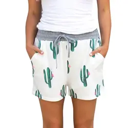 Для женщин кактус печатных шнурок талии шорты с карманом для лета IK88
