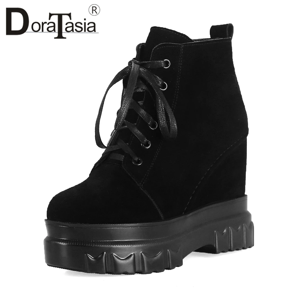 

DORATASIA High Quality Natural Cow Suede Platform Ankle Booties Women Winter lace-up Height Increasing Wide Shoes Woman