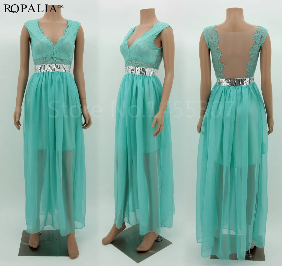 European And American Style Lake Blue Color Sleeveless Long Lace European And American Style Lake Blue Color Sleeveless Long Lace Evening Dress Backless Gowns Silver Lining Mesh Chiffon Sequins In Dresses From Women S