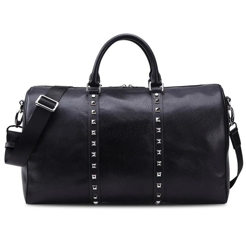 

KUNDUI PU Leather men's handbags shoulder Rivets travel bags Vintage Bucket Big Volume men Business Luggage computer suitcase