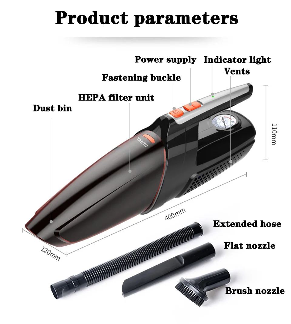 Пылесос для автомобиля 120 Вт Портативный Влажный и сухой двойной пылесос с обнаружением давления в шинах и инфляцией