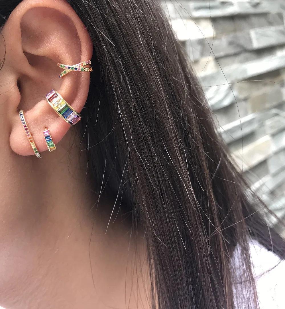 

Fashion jewelry brinco rainbow cz E shape stud earrings 925 silver colorful semi circle earrings studs women girls bijoux new