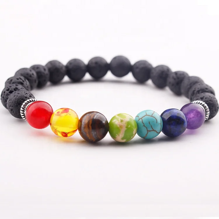 

Fashion Jewelry 7 Chakras Lava Charm Natural Stone Beads Handmade Elastic Bracelet Volcanic Stone Men's Bracelet