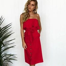 2019 spring and summer new dress sexy tube top halter word collar button ruffle dress sexy stripe pattern halter ruffle trim top