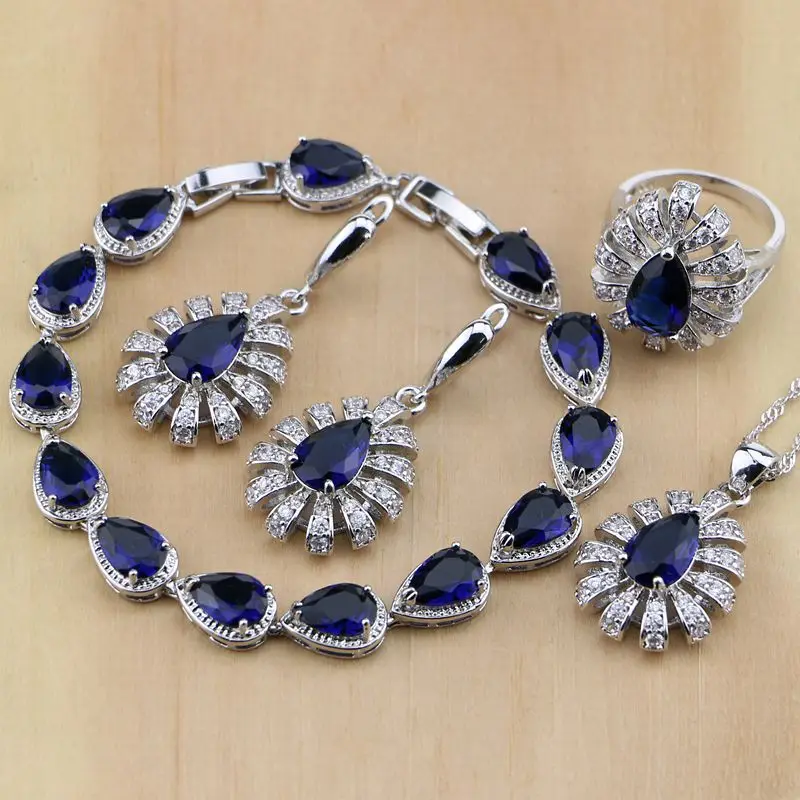 925 Sterling Silver Blue Cubic Zirconia Jewelry White CZ Jewelry Set Women Wedding Earrings