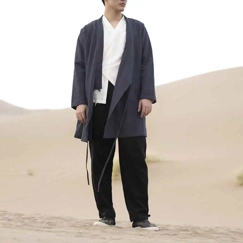 

MRDONOO Chinese style improved Hanfu shirt men's youth Tang suit retro style linen jacket long section slung cardigan robe