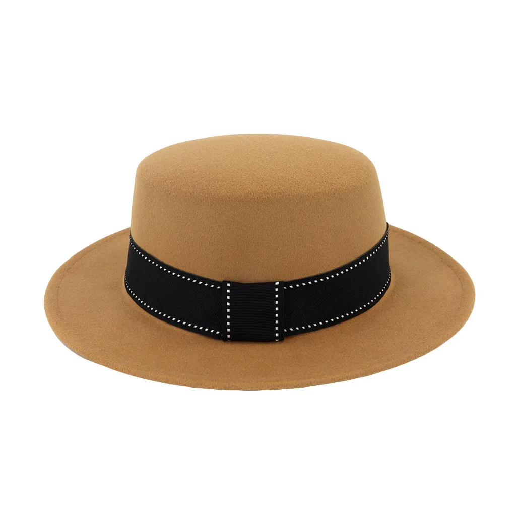 Beige Новинка, женские шляпы, одноцветные, модные, унисекс, с широкими полями, шерсть, фетр, плоский верх, фетровая шляпа, вечерние, церковные, Трилби шляпы, шапка, chapeu# C - Цвет: Beige
