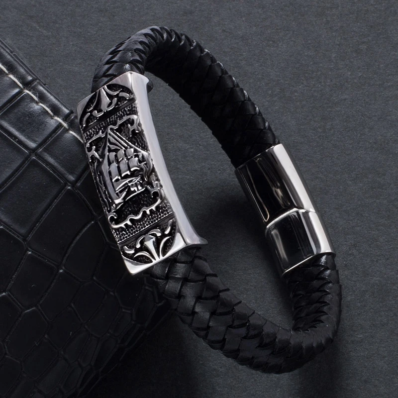 

Punk Men Jewelry Bracelet Man Black Braided Leather Bracelet Stainless Steel Magnetic Buckle Fashion Bangles Gifts BB807