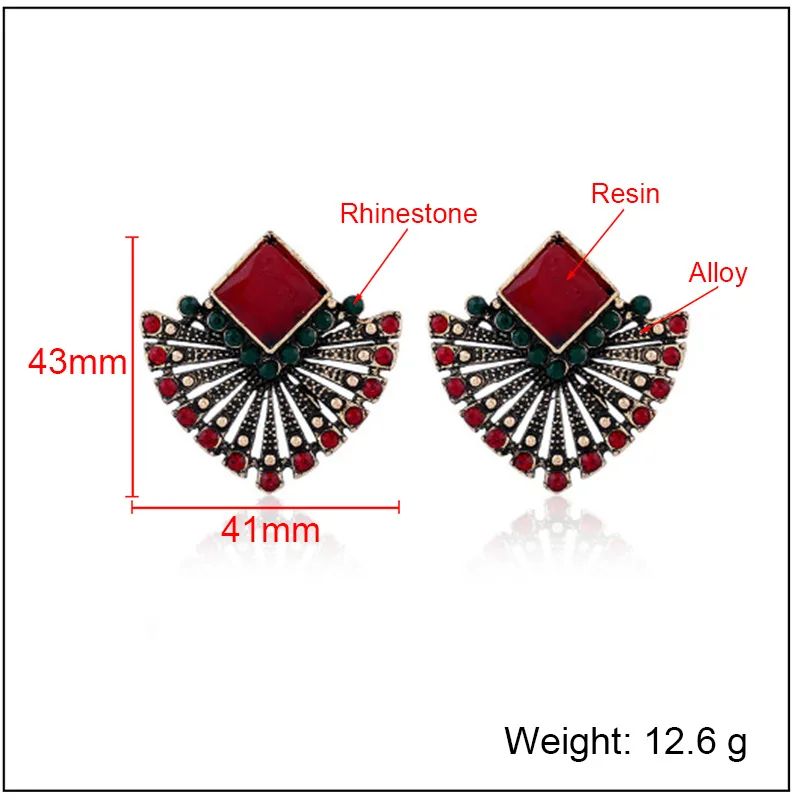 Vintage Bohemian Ethnic Style Red Crystal Luxury Fan-shaped Rhinestone Earrings