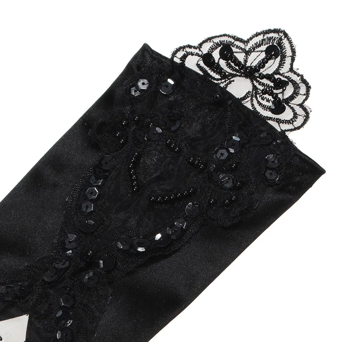 Sexy Bride Party Fingerless Pearl Lace Satin Gloves Fancy,Black