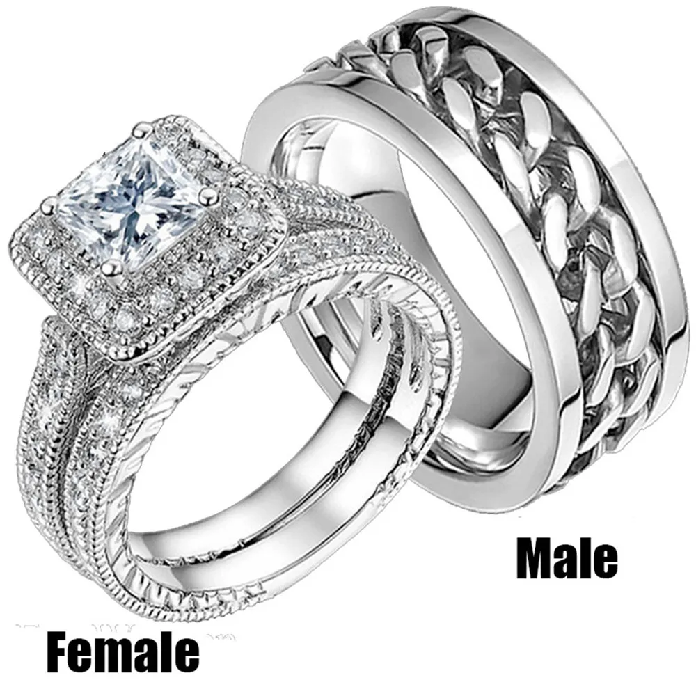 

White Gold Color CZ Zircon Finger Ring Set Wedding Bands Stainless Steel Rotate Couples Gift For Women And Men Jewelry