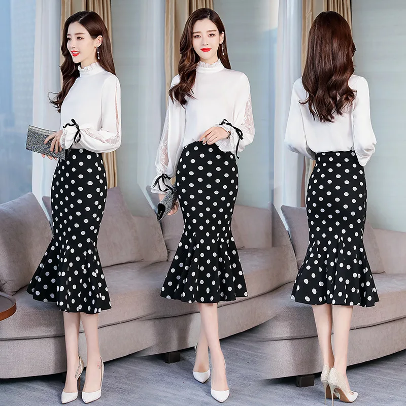 

Polka-style fashion temperament stand collar long-sleeved high-waist fishtail skirt was thin 2019 spring