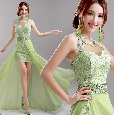 

Fashionable Green Cutout Neck Embroidery Short Front and Long Back with Detachable Train Homecoming Dress/ Cocktail Gown 719