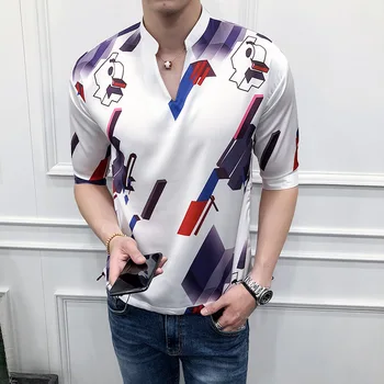 

Loldeal Men Pullover Shirt Half Sleeve Duck Printed Loose Korean Clothes Camisas De Hombre Stand Collar V Neck pullover Shirt