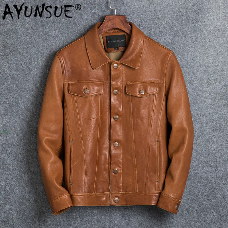 

AYUNSUE 2019 Genuine Leather Jacket Men Vintage Short Sheepskin Leather Jackets Jackets and Coats cuero genuino 0606 KJ2448