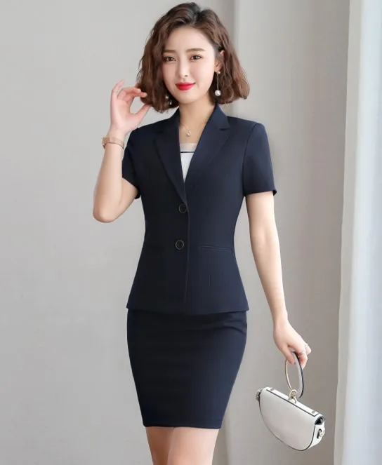 Navy coat and skirt Новые модные женские формальные Брюки Костюмы Набор Бизнес темперамент короткий рукав Тонкий Блейзер и брюки офисная Дамская Рабочая одежда - Цвет: Navy coat and skirt