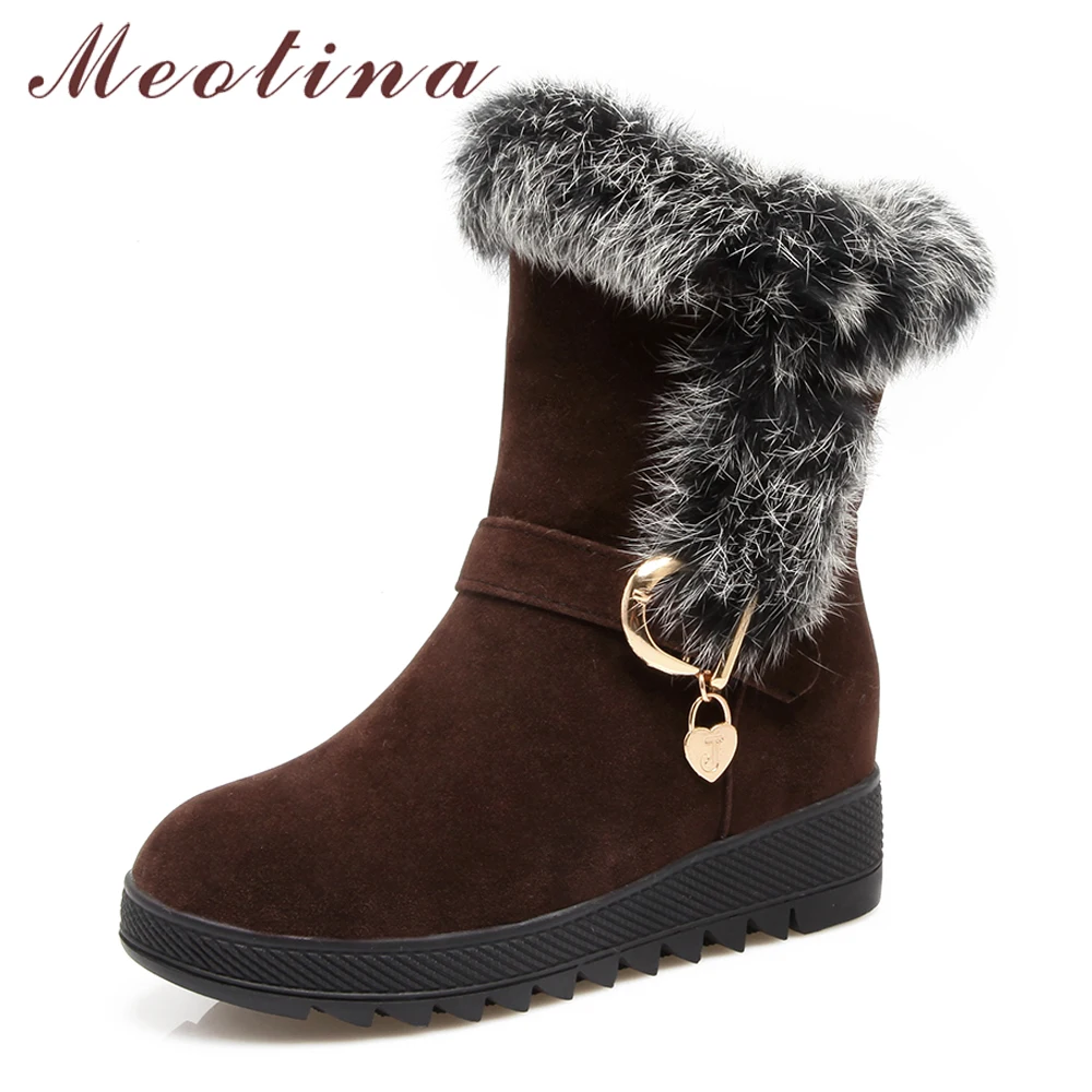 

Meotina Real Rabbit Fur Short Boots Winter Ankle Boots Women Snow Boots Plush Shoes Platform Wedge Heels Red Plus Size 42 43