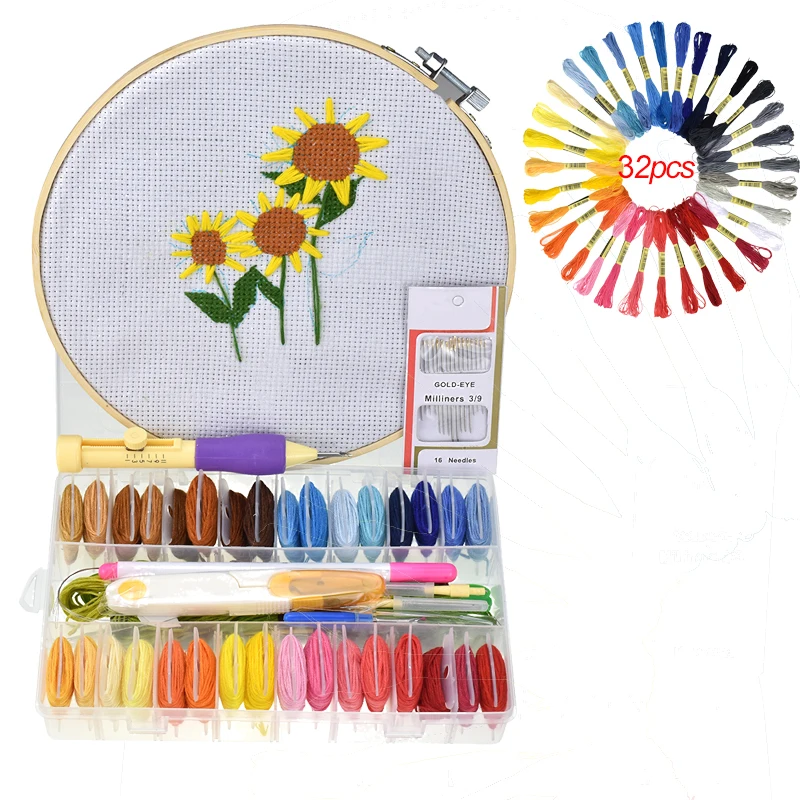 

Magic Embroidery Stitching Punch Needle Set 32pcs Cross Stitch Threads Scissors Embroidery Hoop Needles Sewing Accessories Set