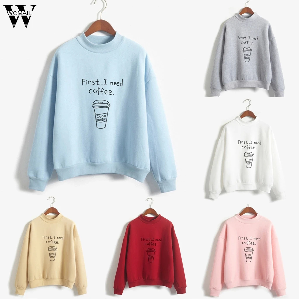 

women hoodies sweatshirts Women O-Neck Solid Color Coffee Cup Pattern Velvet Sweatshirt fashion sweatshirt women hoodies Ju16