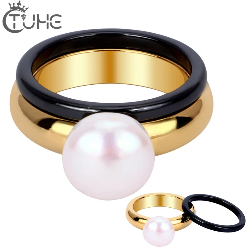 

2018 Made Of Ceramic Rings Fashion Style 10MM Gold Color Pearl Rings for Women Black Ceramic Rings Engagement Costume Jewelry