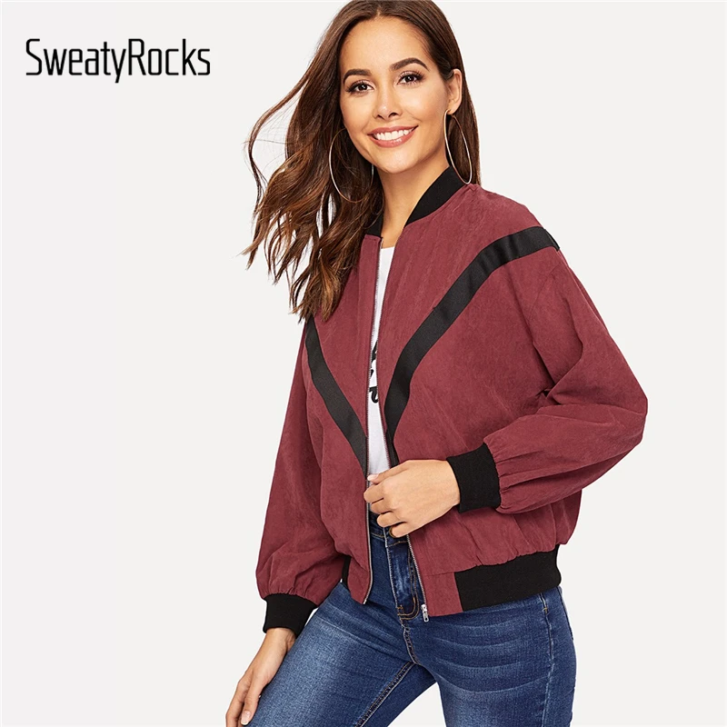 SweatyRocks Drop Shoulder Zip Up Chevron Bomber Jacket Streetwear Stand