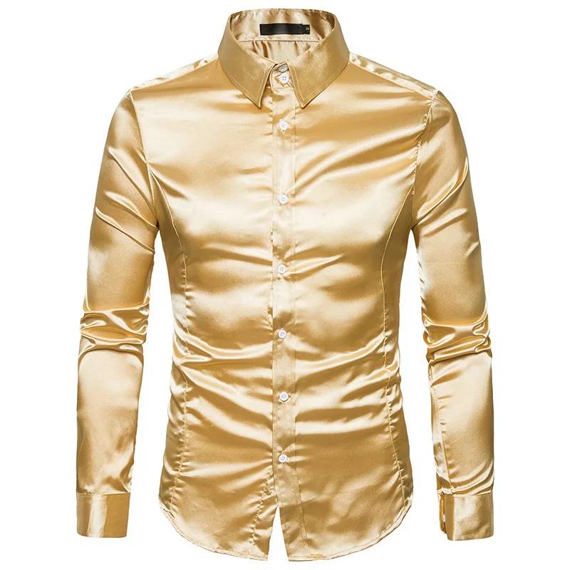 KH Mens Fashion Shiny Satin Long Sleeve Casual Shirts Men's Slim Fit Dress Shirt Performance clothing Banquet Shirt 10 Colors