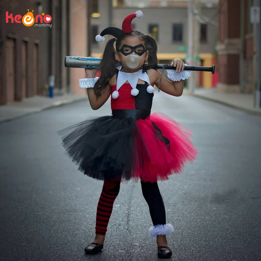 Платье-пачка для девочек в стиле супергероя Харли Куинн; красный и черный цвет; Детский костюм для вечеринки на день рождения и Хэллоуин; праздничные платья
