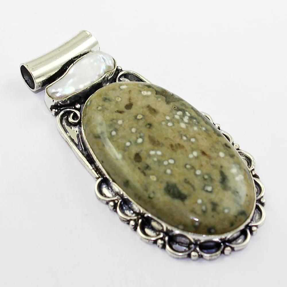 

Ocean Jaspers & Biwa Pearls Pendant Silver Overlay over Copper , 67mm, P1260