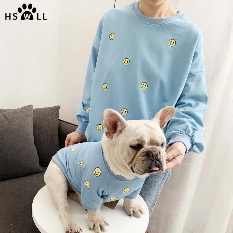 HSWLL Spring and summer new smiley embroidered pet sweater French bulldog clothes dog and owner costume cute puppy
