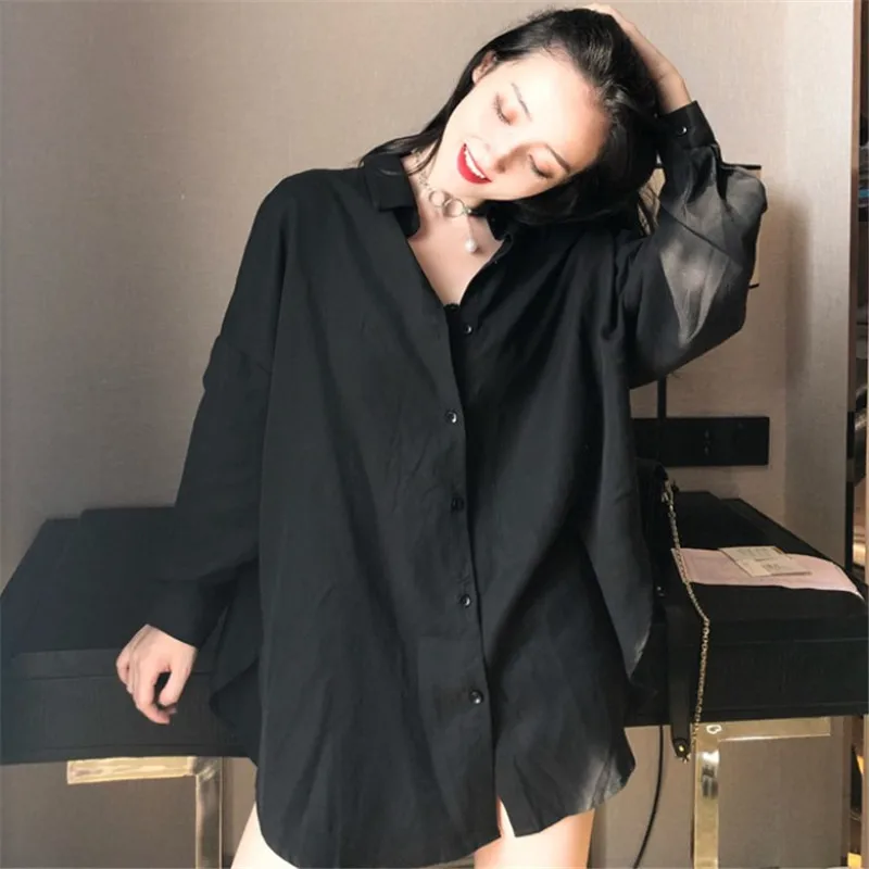 

Black Blouse Women Oversize Plus Size Blouse Mujer Long Sleeve Women Tops Blusa Mujer Spring Maxi Shirt with Belt Office J351