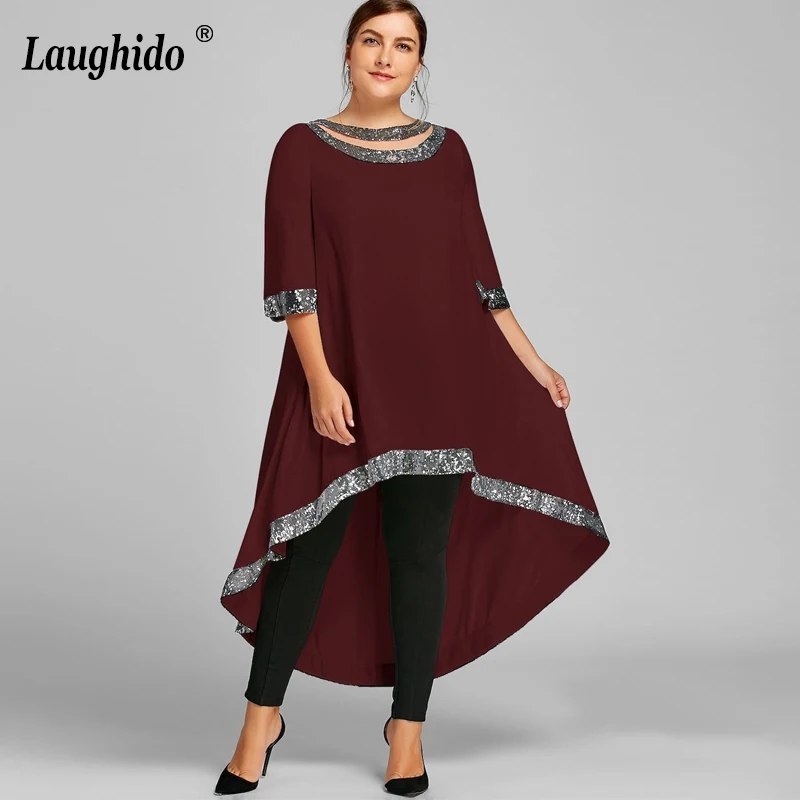 

Laughido Plus Size Loose Irregular Dress Half Sleeve Sequins Vestidos Patchwork Elegant Party Robe Swing Dress Women Clothing