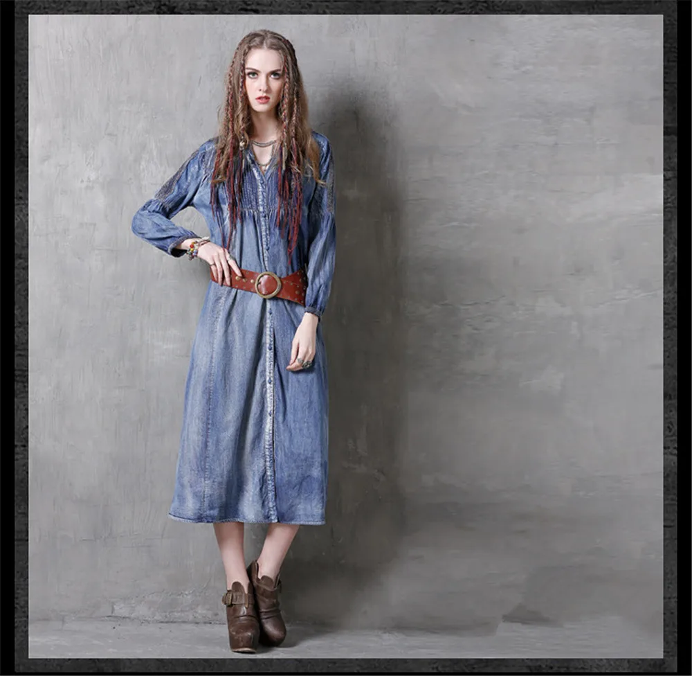 Vintage Spring Dress 2018 New Long Sleeve Denim Dresses V-Neck Patchwork Single Breasted Dress Women Vestidos Autumn Vestido (1)