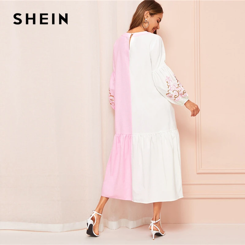SHEIN كشكش الكم الزهور المطرزة الذاتي مربوط فستان صيفي النساء أنيقة V الرقبة ميدي اللباس عالية الخصر اللباس الأصفر