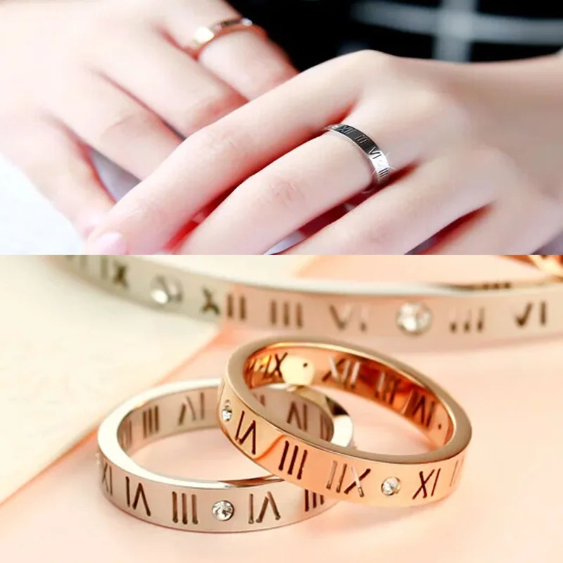 

Fashion Brand Rose Gold Color Stainless Steel Crystal Hollow Roman Numerals Love Ring Women Gift Wedding Ring