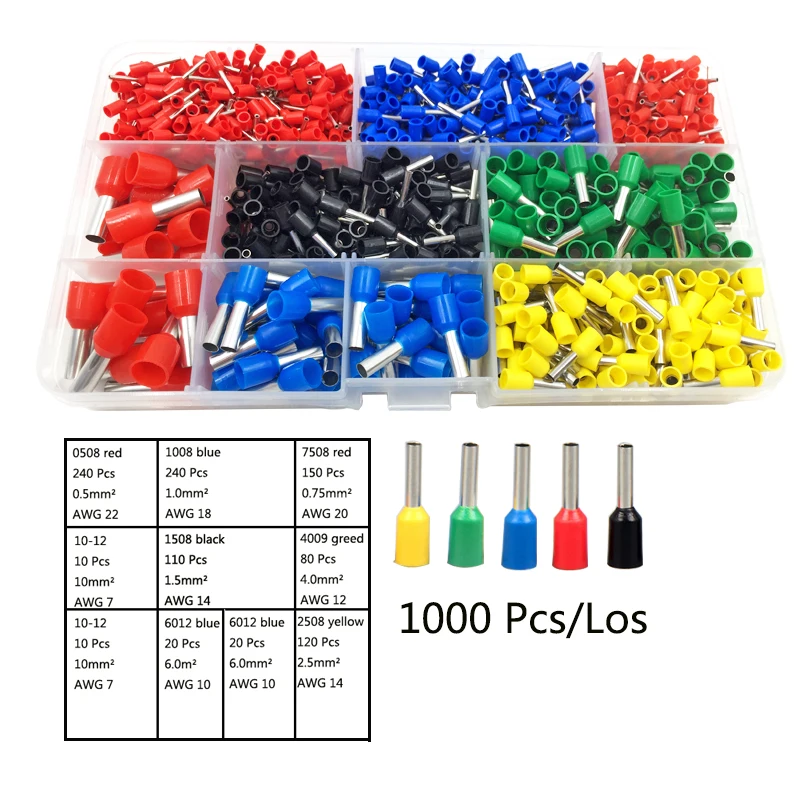 

1000 Pcs/lot electric wire and cable wiring crimp terminals connector cold pressed pre-insulated sleeve tube terminal box set