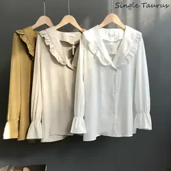 2019 Весенняя Блузка женская с v-образным вырезом кружевная белая блузка Мода лепесток рукав женские топы толстые шифоновая блуза с рюшами