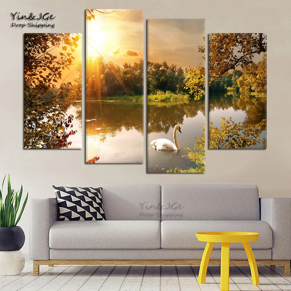 

Wall Abstract Painting 4 Pieces Ocean Park Swan Framework Modular Canvas Pictures For Living Room Home Decor HD Prints Artworks