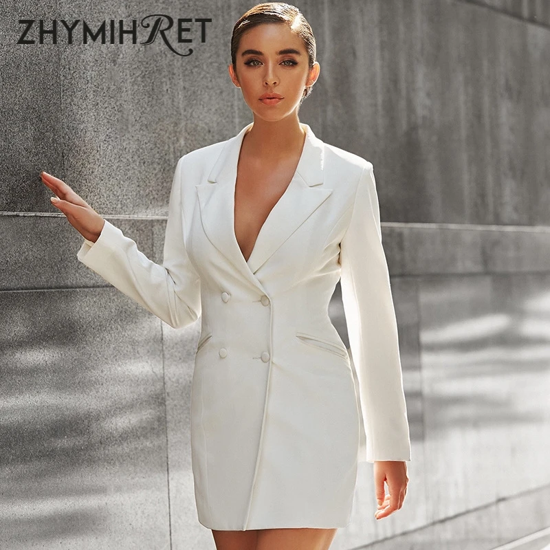 

ZHYMIHRET White Office Lady Long Blazer Women Double Breasted Long Sleeve Pockets Blazer Mujer 2019 Autumn Winter Coat