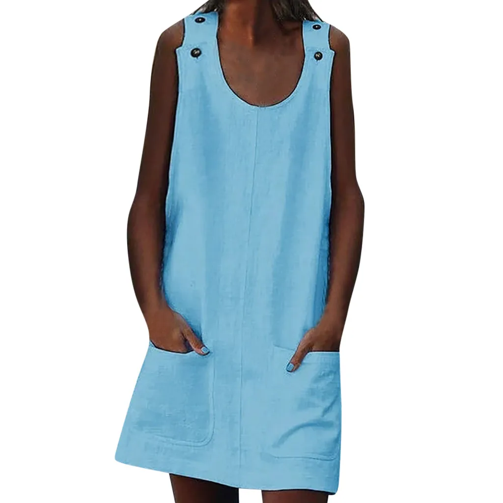

JAYCOSIN Women Loose Solid Color Spaghetti Strap Dress O-Neck Sexy Sleeveless Button Mini Dress Summer Beach Sundress Vestido