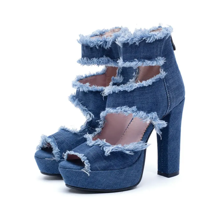 QUTAA/ г. Женские босоножки пикантные джинсовые ботинки на очень высоком квадратном каблуке с открытым носком на молнии обувь на платформе см, размеры 34-39 - Цвет: Синий