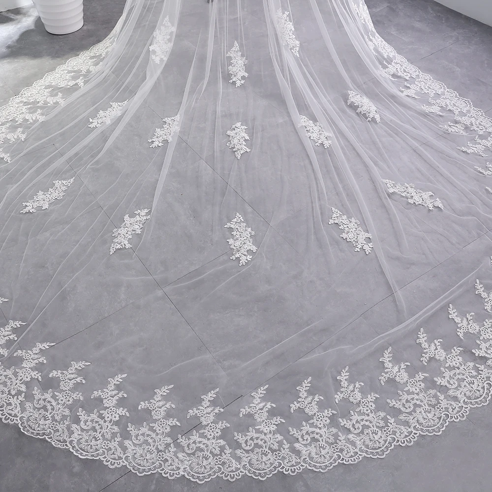 3.5 Meter White Ivory Cathedral Wedding Veils Long Lace Edge Bridal Veil two layer veil comb Wedding Accessories velo novia 2019