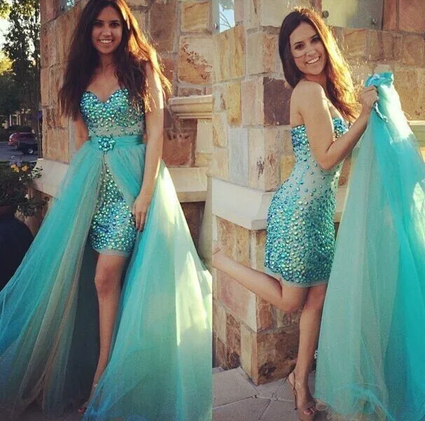 

Sexy Sweetheart Turquoise Short Prom Dresses with Detachable Train 2019 Beaded Crystals High Low Mint Green Party Gown 2 in 1