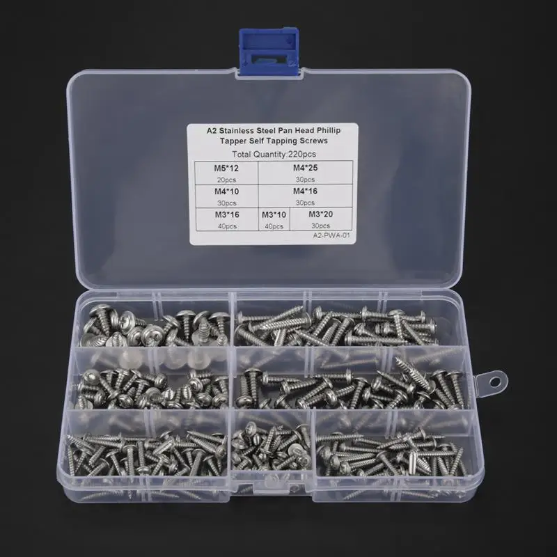 

220Pcs/Lot M3 M4 M5 304 Stainless Steel Tapper Screws Pan Head Cross Tapper Self Tapping Screws Set with Box Assortment Kit