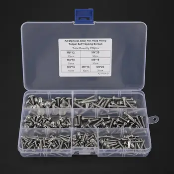 

220Pcs/Lot M3 M4 M5 304 Stainless Steel Tapper Screws Pan Head Cross Tapper Self Tapping Screws Set with Box Assortment Kit