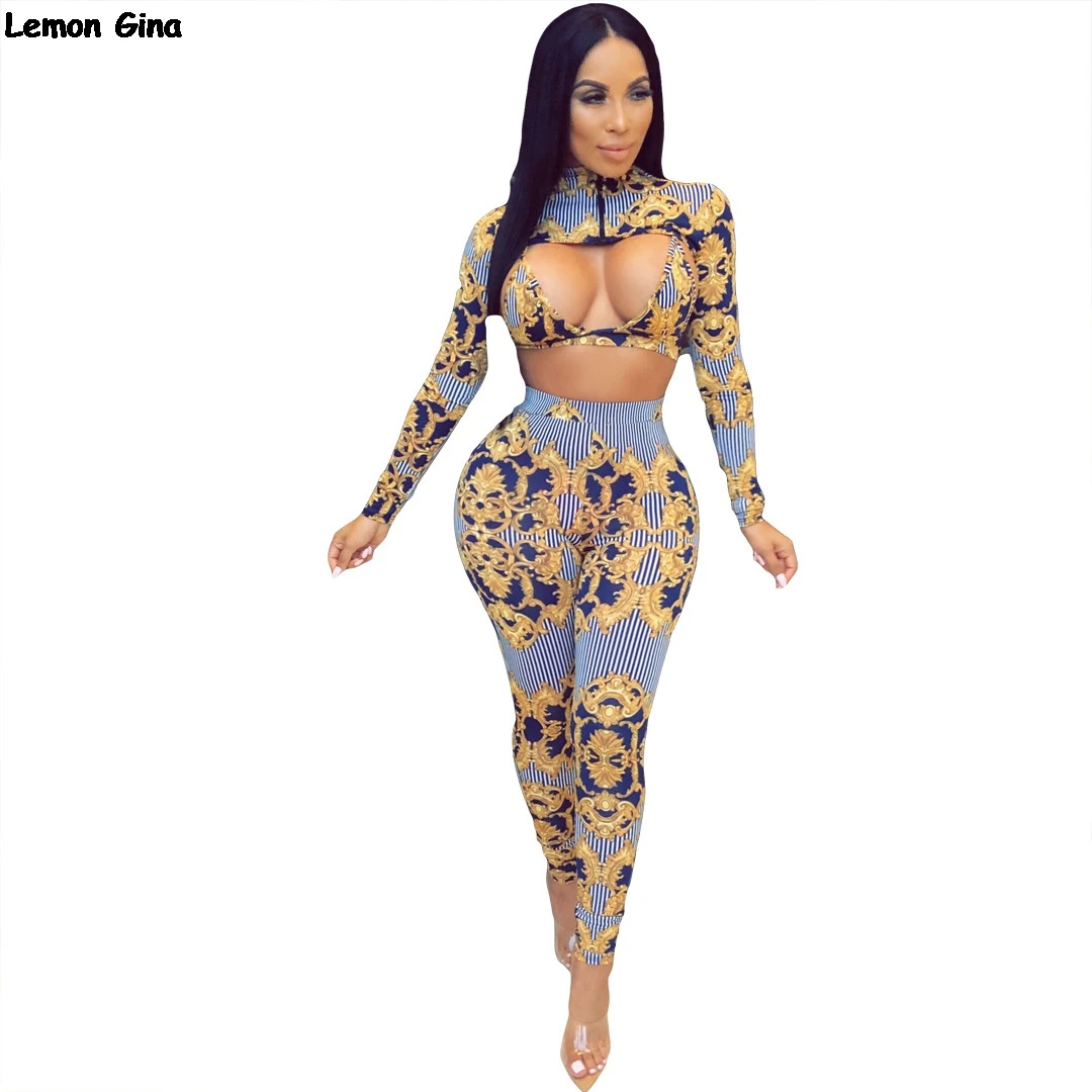 

sexy women paisley print stripes zip open tie up long sleeve crop top skinny bodycon long pants two pieces sets tracksuit CY1089